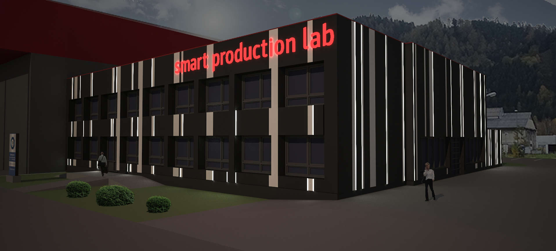 Das Smart Production Lab wird nachts beleuchtet.