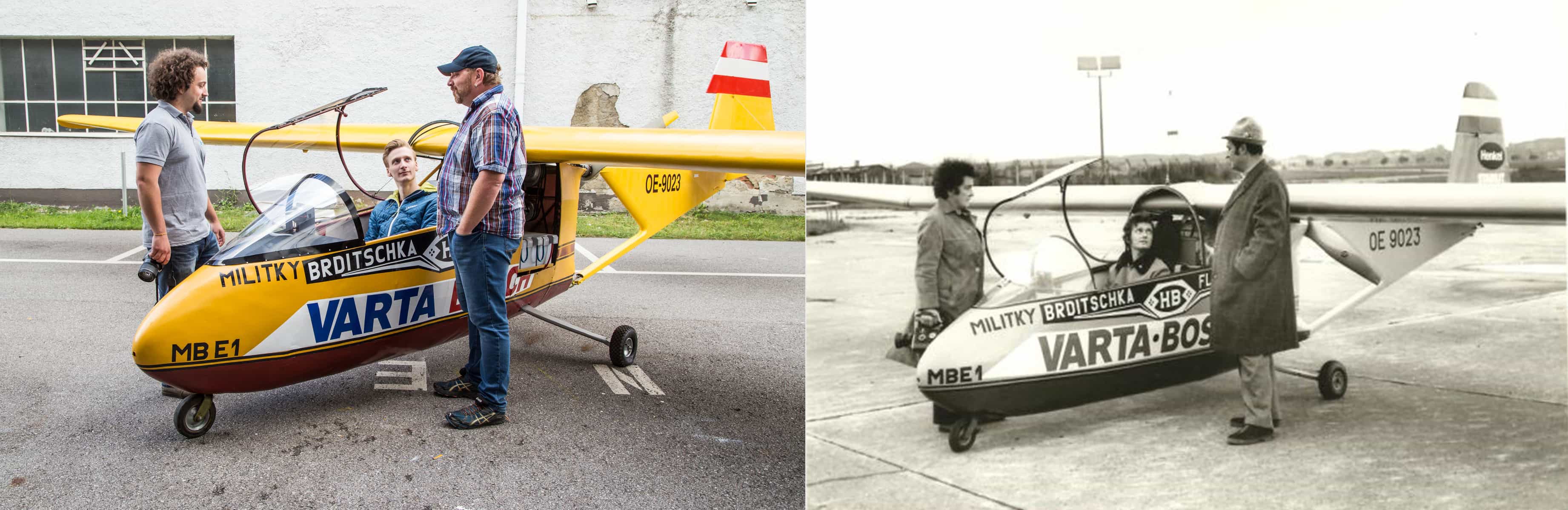 Die Studierenden stellen auf der linken Seite das Foto von 1973 auf der rechten Seite nach, auf dem drei Personen und das Flugzeug abgebildet sind.