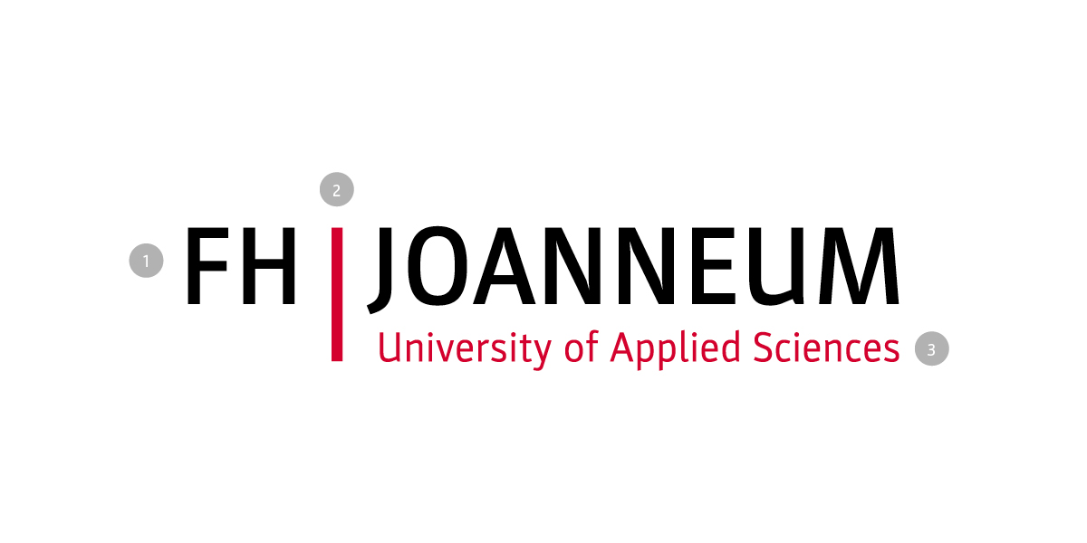 Logo der FH JOANNEUM, FH JOANNEUM ist in Schwarz geschrieben, zwischen den Worten steht ein großer roter Strich. In der zweiten Zeile steht in roten Buchstaben University of Applied Sciences.
