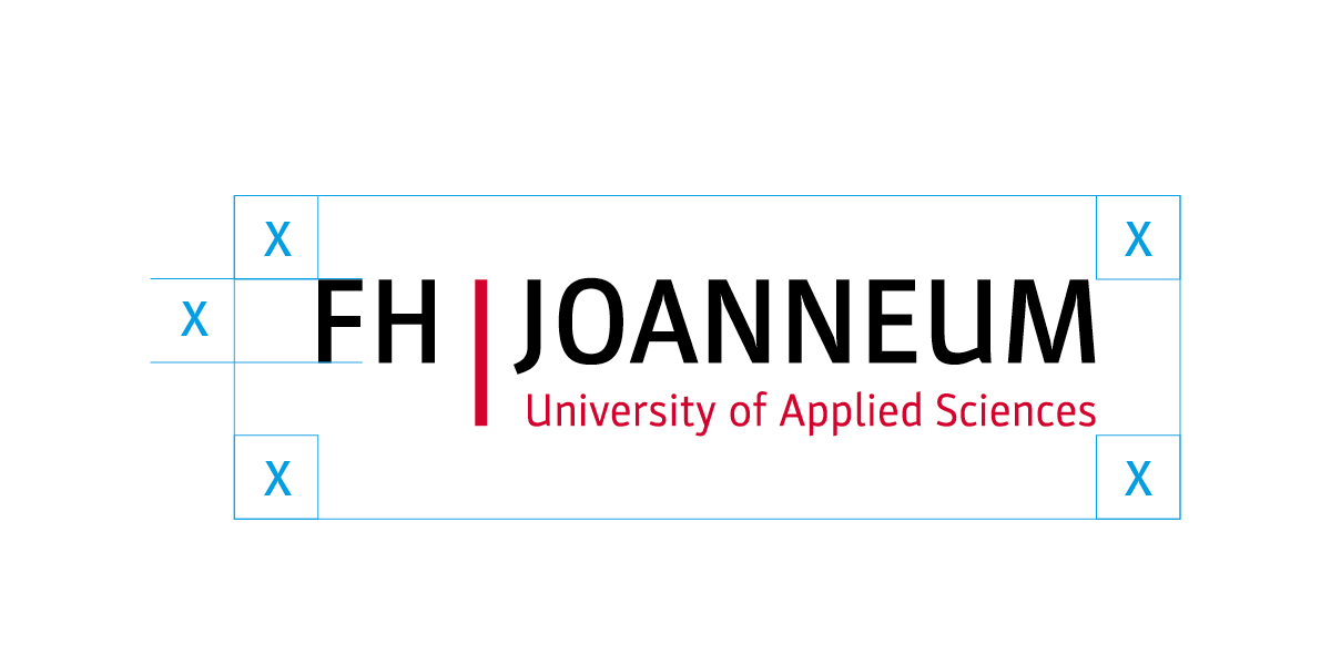 Variante des FH JOANNEUM Logos mit mehr Weißraum: FH JOANNEUM ist in Schwarz geschrieben, zwischen den Worten steht ein großer roter Strich. In der zweiten Zeile steht in roten Buchstaben University of Applied Sciences.