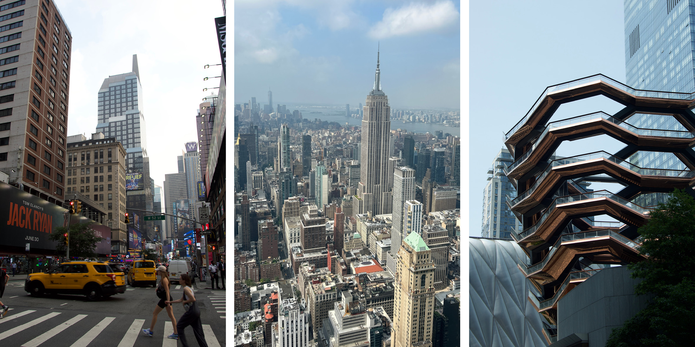 v.l.n.r.: New York Times Square, Stadtblick Empire State Building, Vessel 