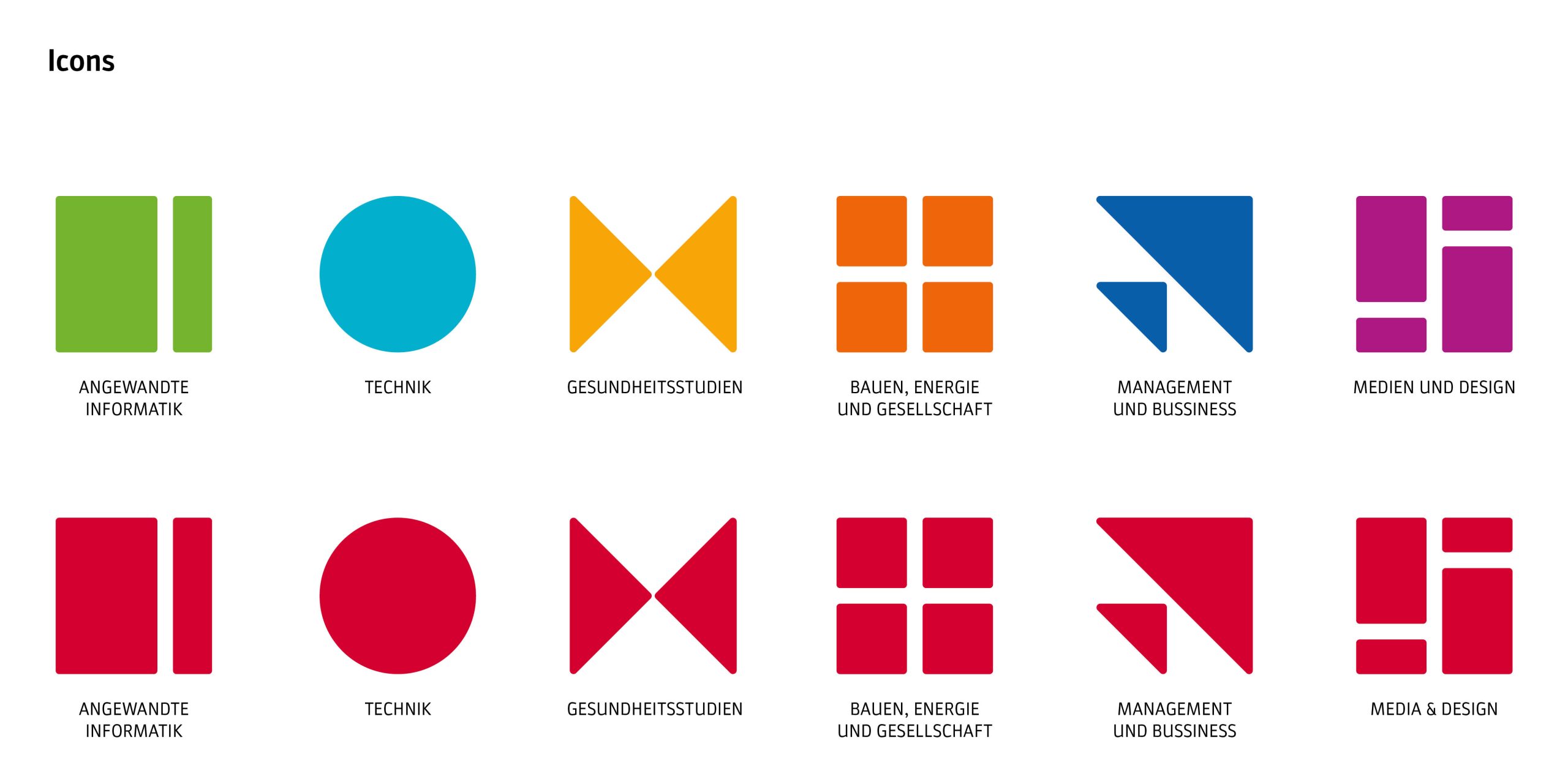 Die Deparment Icons der FH JOANNEUM: Kreis Engineering, eckige Schleife Gesundheitsstudien, Viereck Bauen, Energie & Gesellschaft, Pfeil nach oben Management und zwei Quadrate ineinander Medien & Design. Erste Zeile in rot, zweite Zeile in bunt.