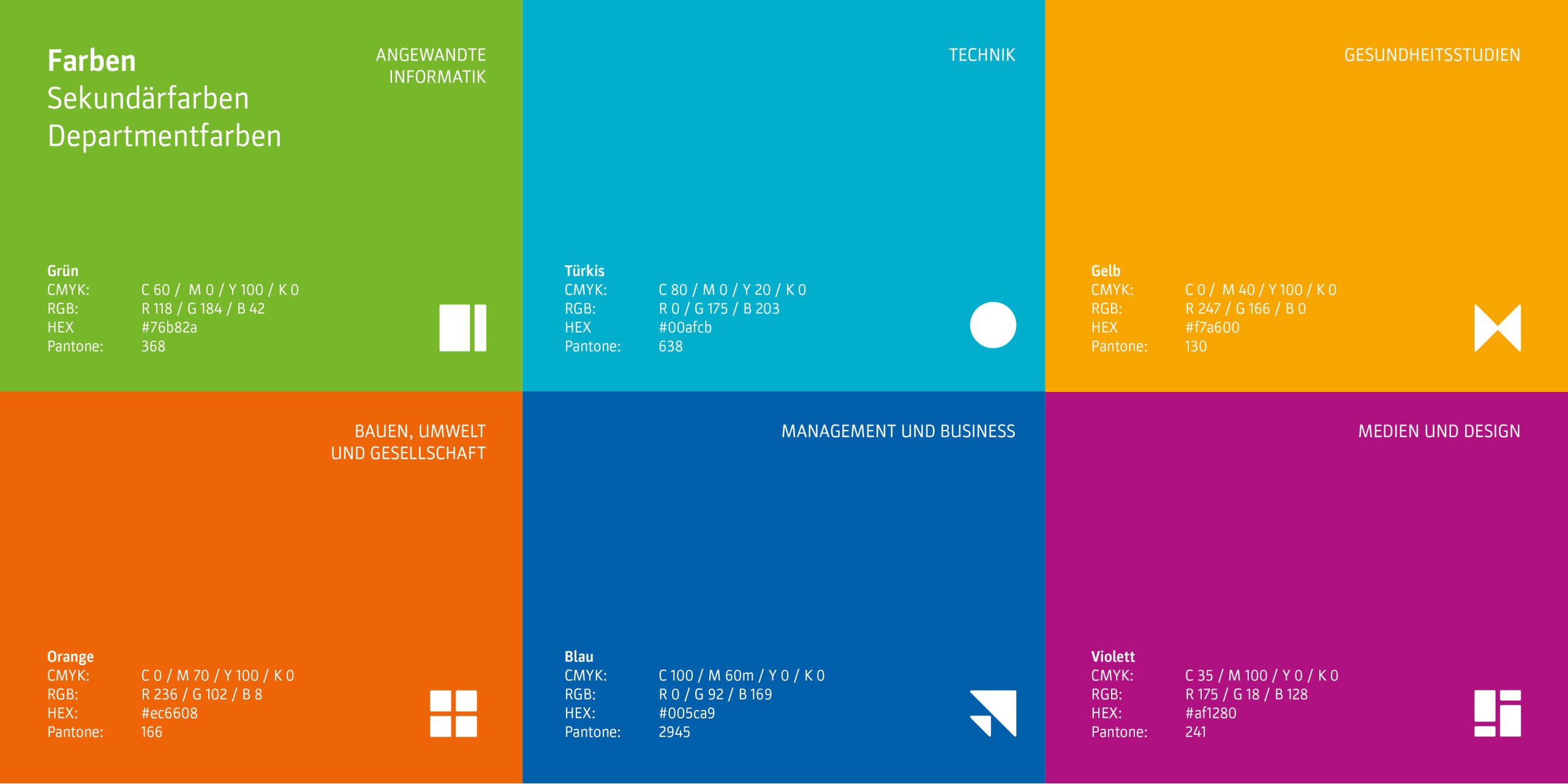 Die Deparmentfarben sind hier dargestellt: grün, türkis, gelb, orange, blau und violett.