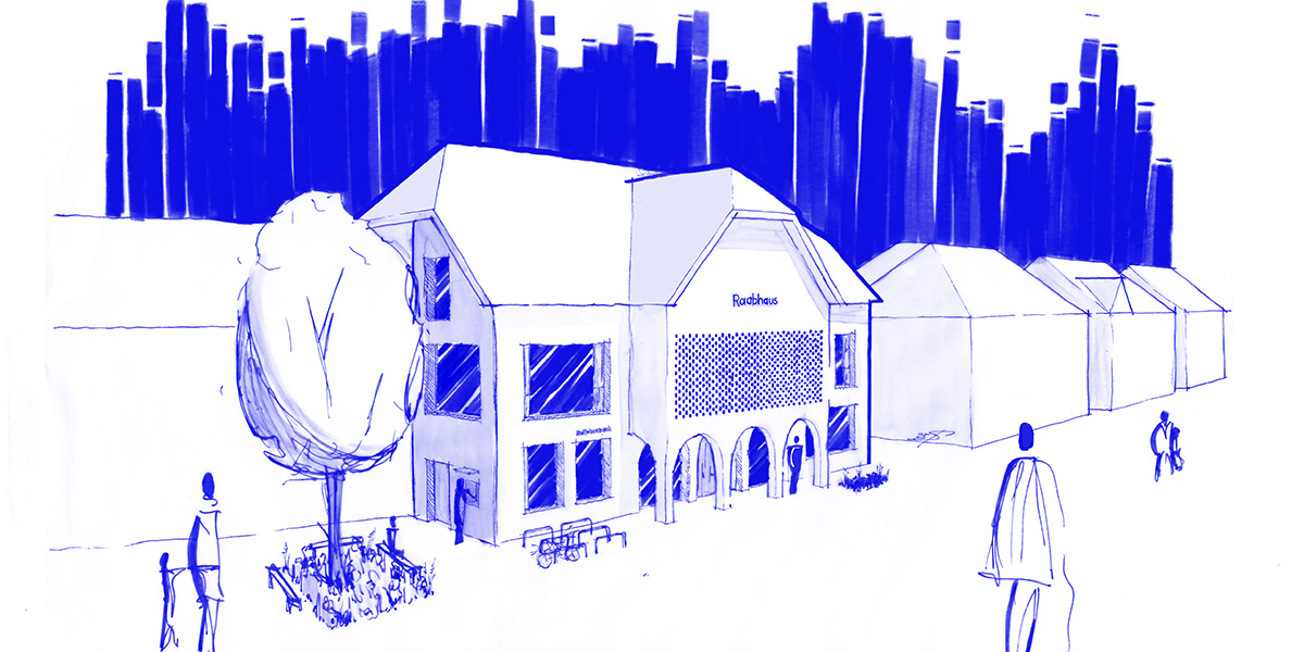 Das Bild zeigt eine skizzenhafte Darstellung des neuen Rabhauses.